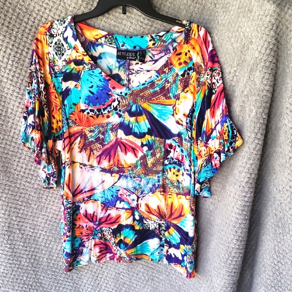 Attitudes by Renee Blue and Pink Dolman Sleeve Graphic Blouse